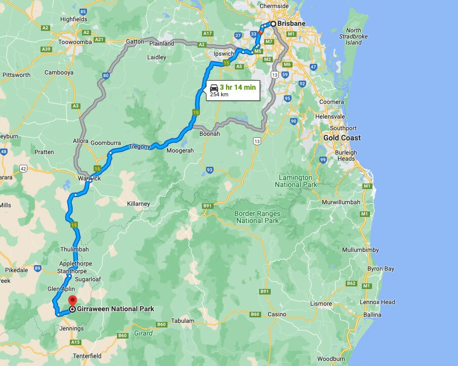 brisbane-to-girraween-national-park-map