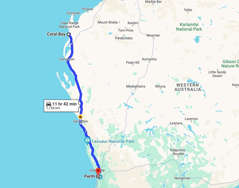 perth-to-coral-bay-map
